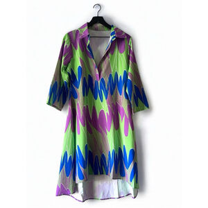 Women's Abstract Collared Dress Size L Green Purple
